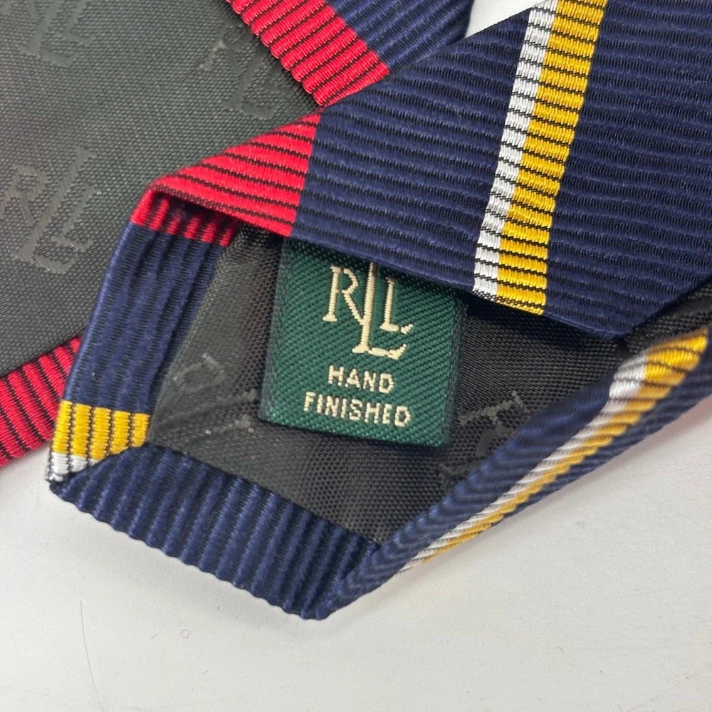 Lauren Ralph Lauren Tie Mens OS Navy Red Gold Silk Cotton Rep Stripe Made in USA